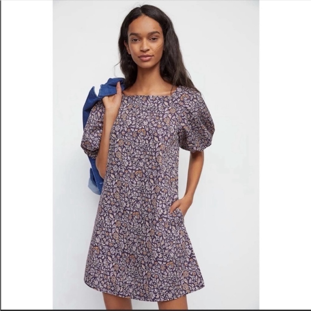 Anthropologie Porridge Elke Floral Mini Dress Puff Sleeve Square Neck Purple - Picture 4 of 7